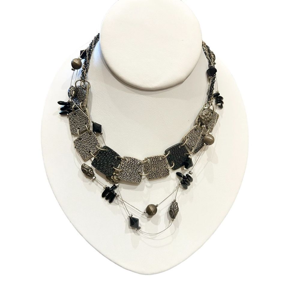 Triple layered black and silver statement necklace